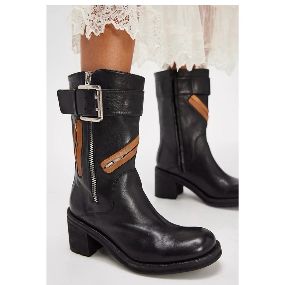 Black Leather Mid-Calf Zip & Buckle Boots with Tan Accent